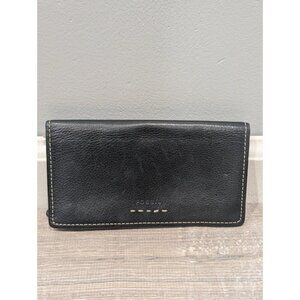Fossil Leather Black Checkbook Wallet Unique Multi Pockets Tan Stitching